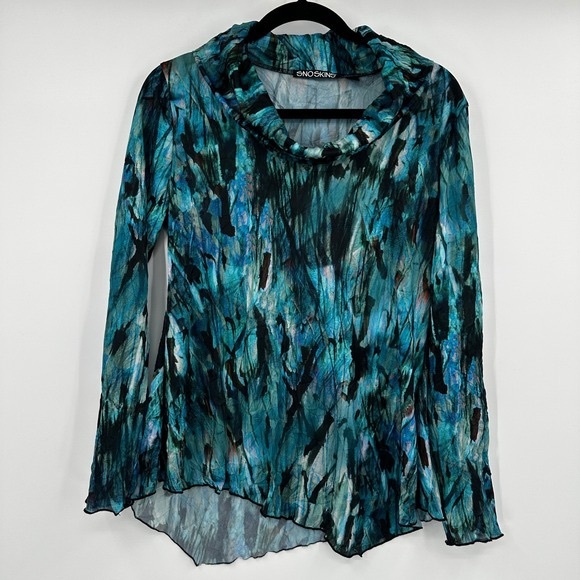 SNO SKINS Tops - SNO SKINS Teal and Black Abstract Cowl Neck Long Sleeve Top